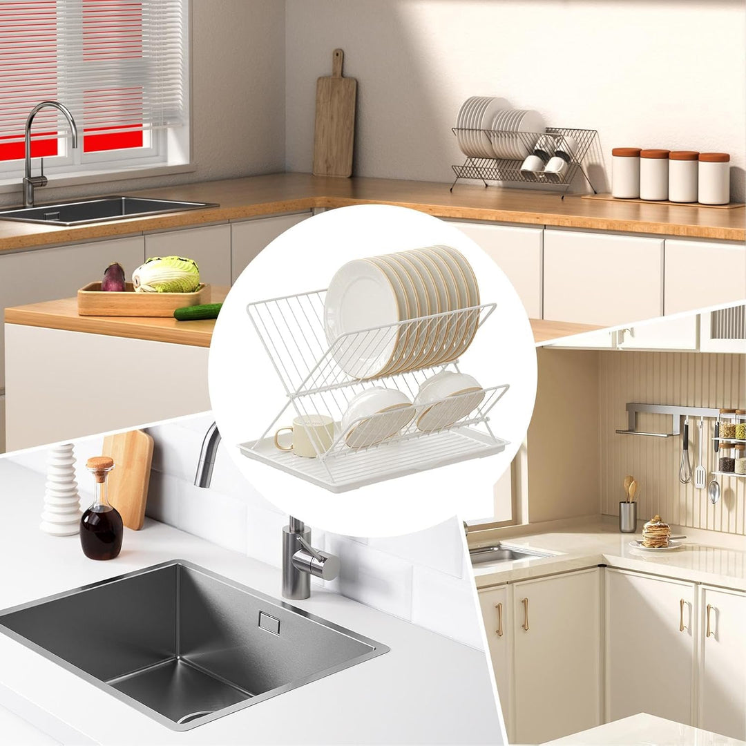 Skorter | Folding Dish Drying Rack – 2-Tier Countertop Drainer with Detachable Tray – Kelvra