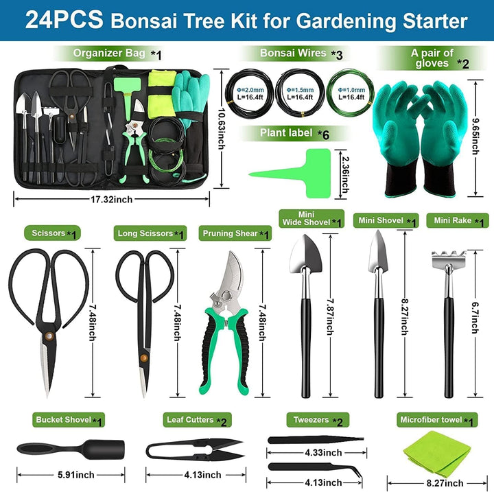 Lisslune | 24-Piece Bonsai Tree Care Kit with High-Carbon Steel Tools and PU Leather Bag – Sevora