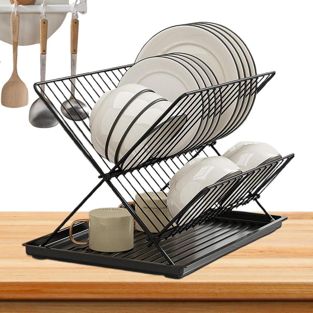 Skorter | Folding Dish Drying Rack – 2-Tier Countertop Drainer with Detachable Tray – Kelvra