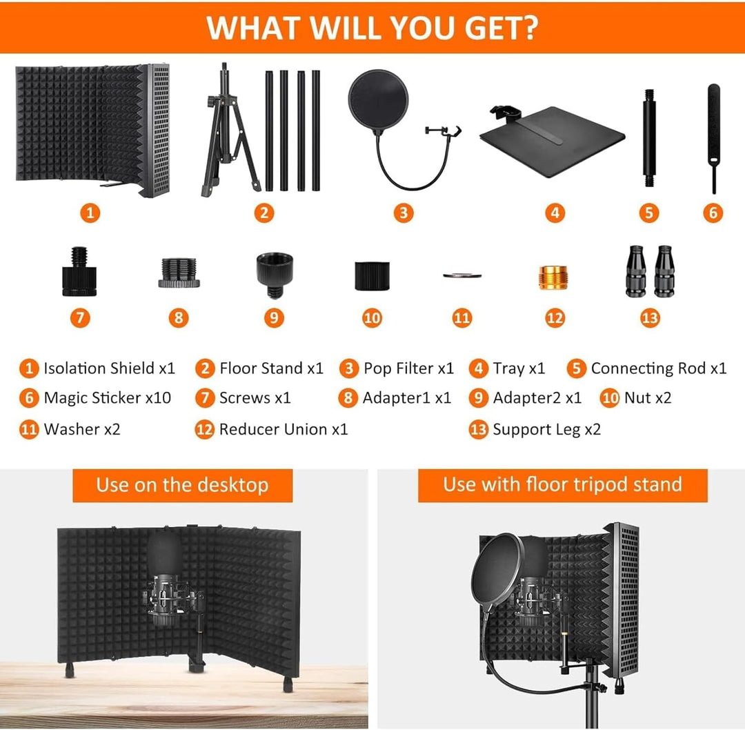 Lisslune | Triple-Layer Foldable Microphone Isolation Shield with Tripod Stand