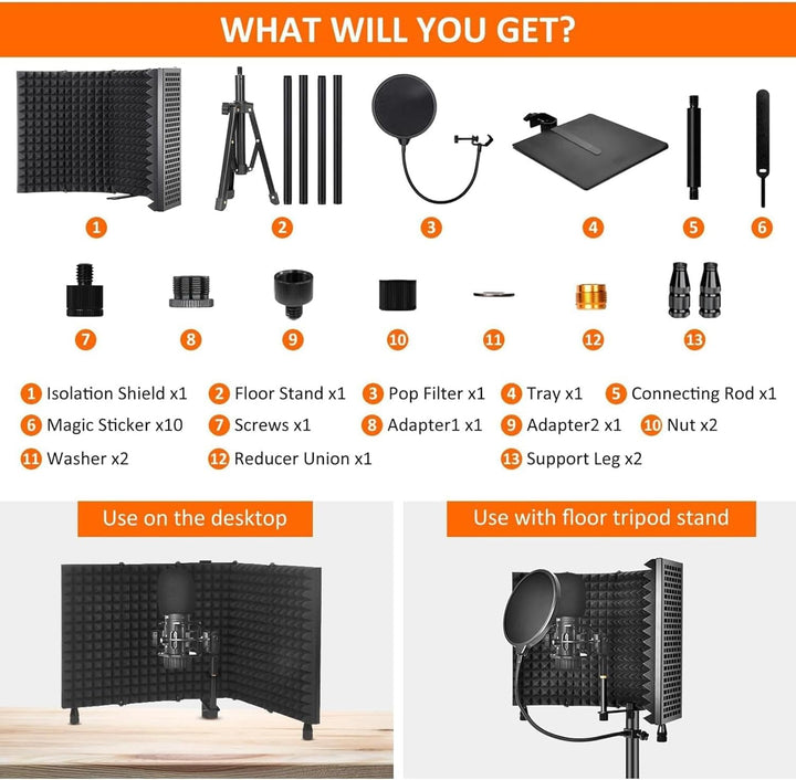 Lisslune | Triple-Layer Foldable Microphone Isolation Shield with Tripod Stand