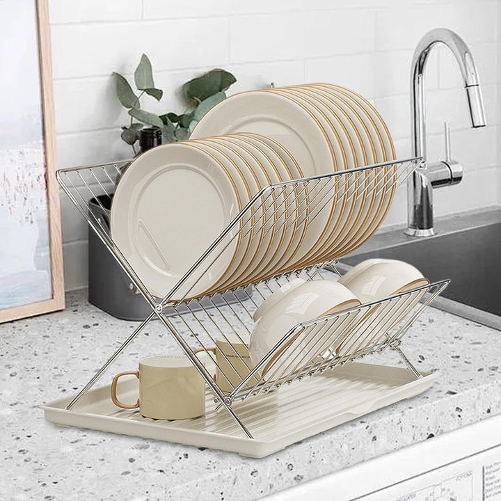 Skorter | Folding Dish Drying Rack – 2-Tier Countertop Drainer with Detachable Tray – Kelvra