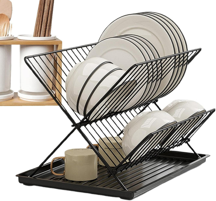Skorter | Folding Dish Drying Rack – 2-Tier Countertop Drainer with Detachable Tray – Kelvra