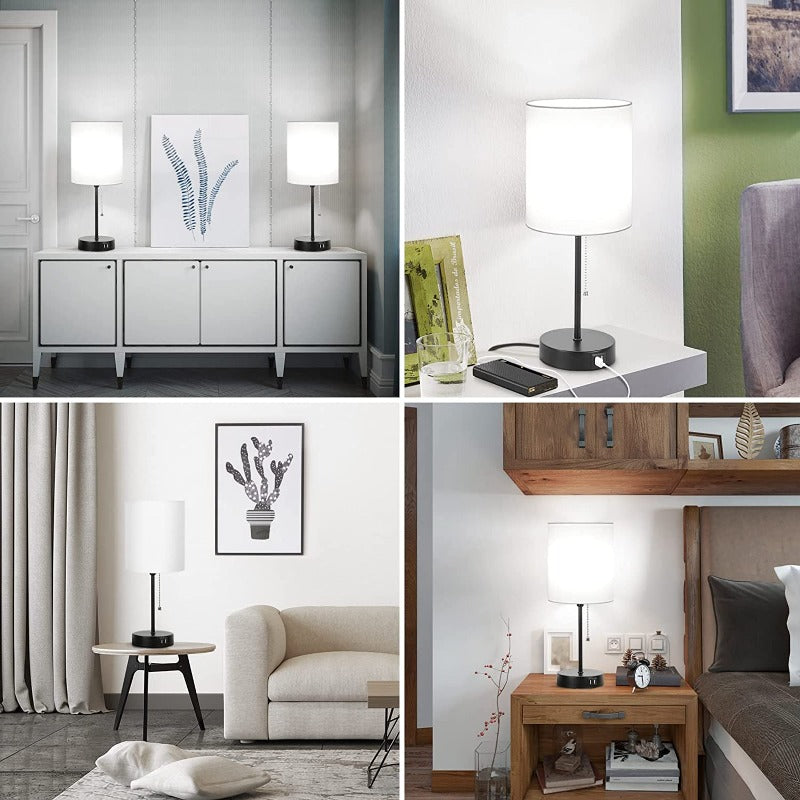 Lisslune | Table lamp set of 2 with USB charging ports, gray bedside lamps with AC outlet, bedside lamps with pull switch, minimalist modern desk lamps with fabric shade for living room bedroom office
