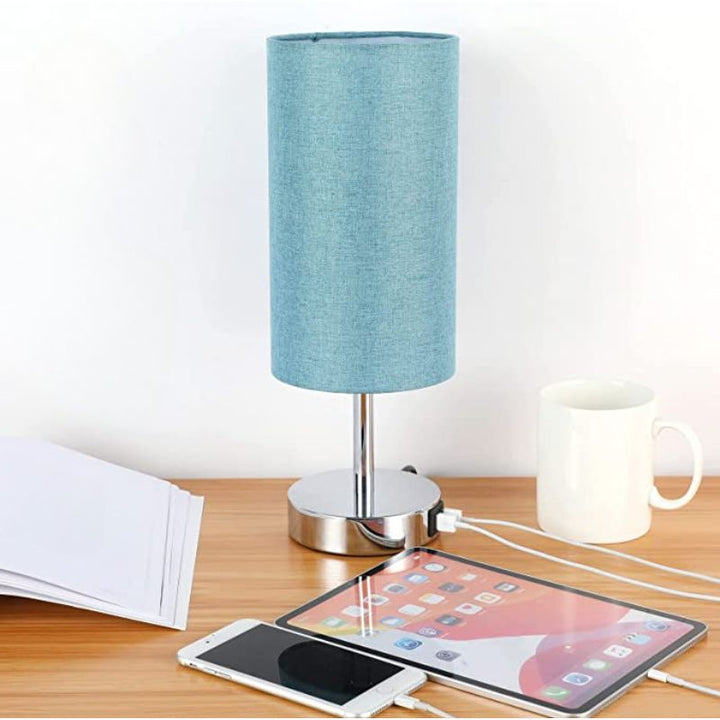 Lisslune | Lamp with USB connection Touch-Control Table Lamp for Bedroom Wood 3-stage dimmable Bedside Lamp with Round Linen Fabric Shade for Living Room, Student Dorm, Home Office