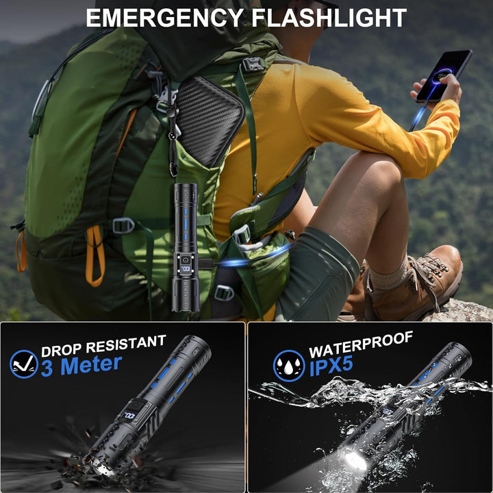 Lisslune | 100,000 Lumen Rechargeable LED Flashlight | Waterproof, Impact-Resistant & Ideal for Hiking, Emergencies & Power Outages