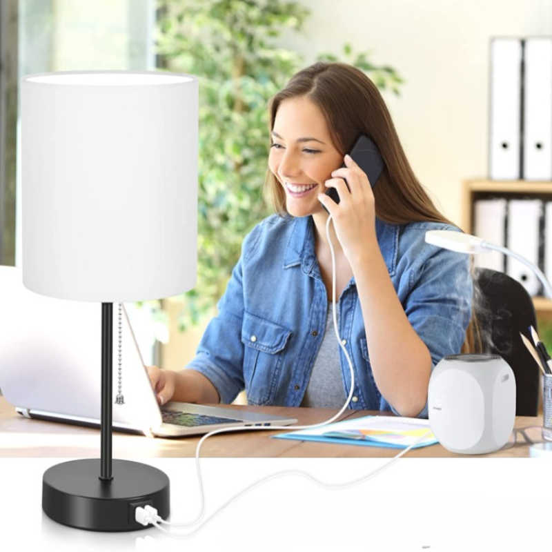 Lisslune | Table lamp set of 2 with USB charging ports, gray bedside lamps with AC outlet, bedside lamps with pull switch, minimalist modern desk lamps with fabric shade for living room bedroom office