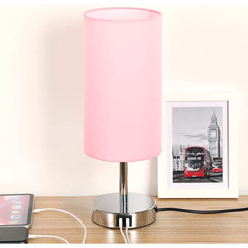 Lisslune | Lamp with USB connection Touch-Control Table Lamp for Bedroom Wood 3-stage dimmable Bedside Lamp with Round Linen Fabric Shade for Living Room, Student Dorm, Home Office