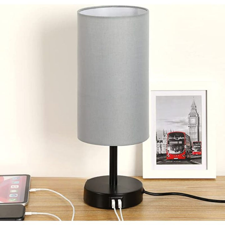 Lisslune | Lamp with USB connection Touch-Control Table Lamp for Bedroom Wood 3-stage dimmable Bedside Lamp with Round Linen Fabric Shade for Living Room, Student Dorm, Home Office