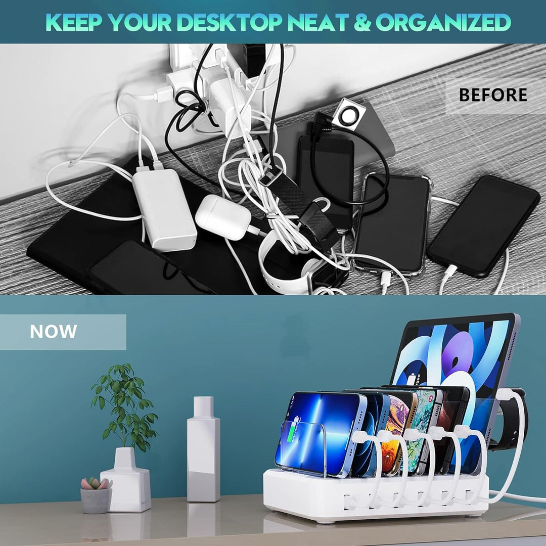 Lisslune | 6-Port Multiple Device Fast Charging Station Organizer with Smart IC & Cable Set
