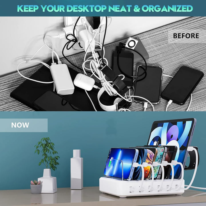 Lisslune | 6-Port Multiple Device Fast Charging Station Organizer with Smart IC & Cable Set