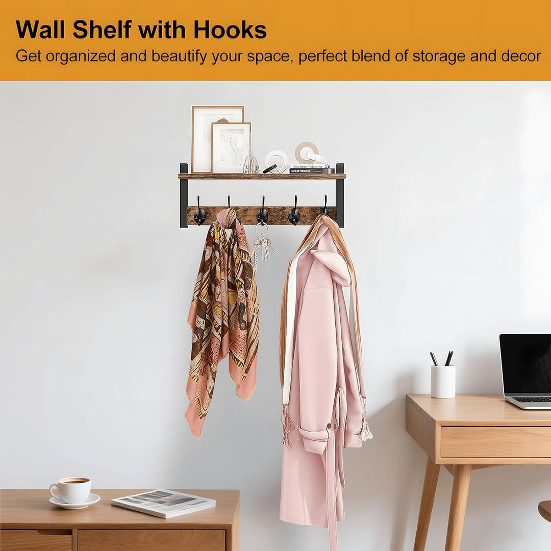 Lisslune | Wall-Mounted Coat Rack with Shelf and 5 Metal Hooks – Ravora