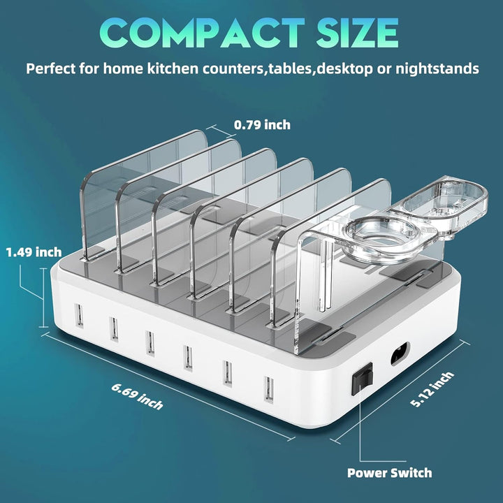 Lisslune | 6-Port Multiple Device Fast Charging Station Organizer with Smart IC & Cable Set