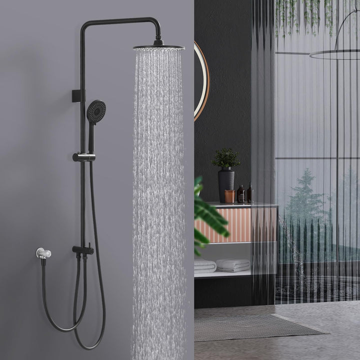 Lisslune | Rain shower shower system without fittings, Black hand shower with 3 functions, Stainless steel shower set with round head shower, Shower rod SUS304