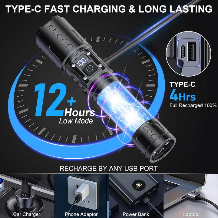 Lisslune | 100,000 Lumen Rechargeable LED Flashlight | Waterproof, Impact-Resistant & Ideal for Hiking, Emergencies & Power Outages