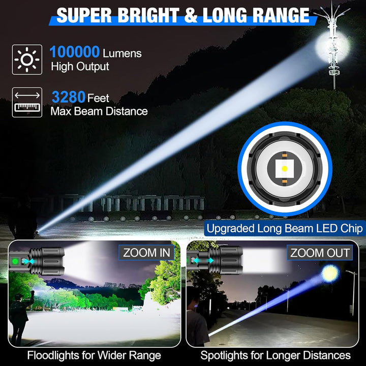 Lisslune | 100000 Lumen Tactical Flashlight | World's Brightest High-Powered Torch