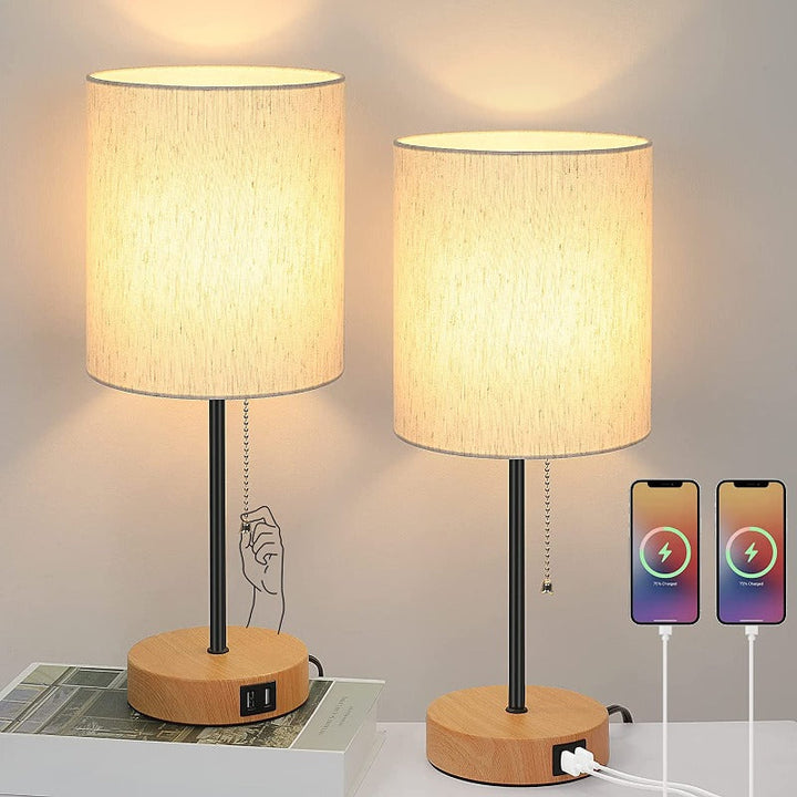 Lisslune | Table lamp set of 2 with USB charging ports, gray bedside lamps with AC outlet, bedside lamps with pull switch, minimalist modern desk lamps with fabric shade for living room bedroom office