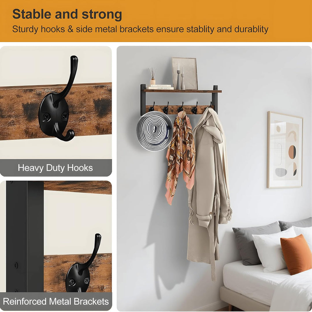 Lisslune | Wall-Mounted Coat Rack with Shelf and 5 Metal Hooks – Ravora