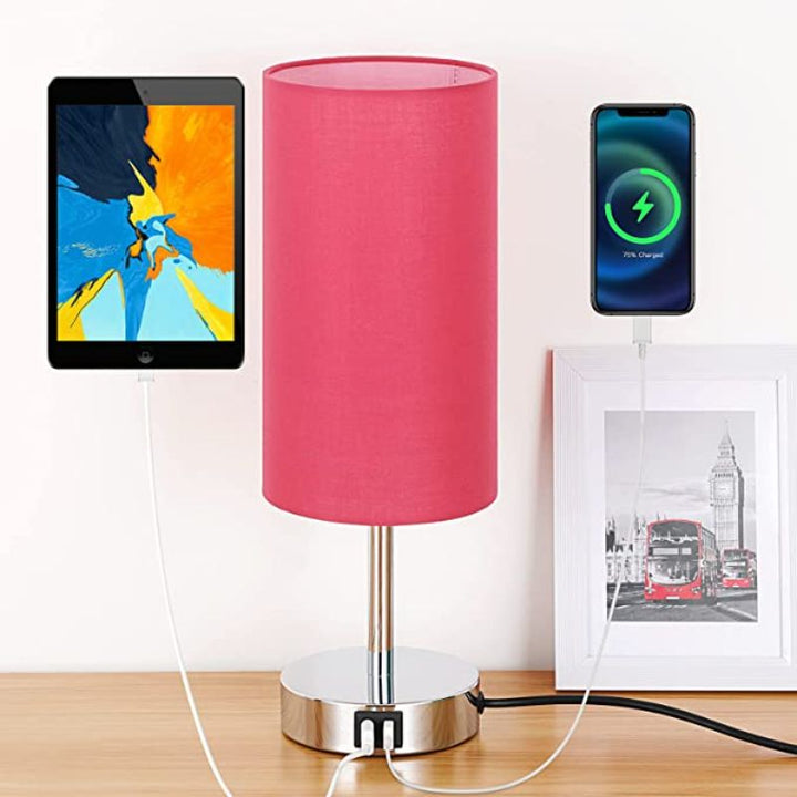 Lisslune | Lamp with USB connection Touch-Control Table Lamp for Bedroom Wood 3-stage dimmable Bedside Lamp with Round Linen Fabric Shade for Living Room, Student Dorm, Home Office