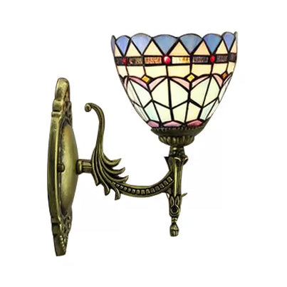 Lisslune | Baroque Bowl Wall Lamp 1 Light Blue Glass Mini Wall Light Lighting in Antique Brass