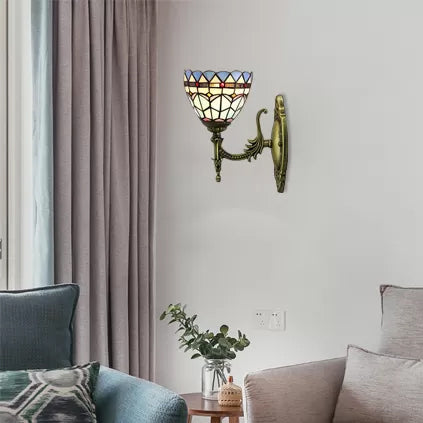 Lisslune | Baroque Bowl Wall Lamp 1 Light Blue Glass Mini Wall Light Lighting in Antique Brass