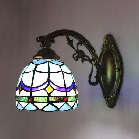 Lisslune | Baroque Bowl Wall Lamp 1 Light Blue Glass Mini Wall Light Lighting in Antique Brass