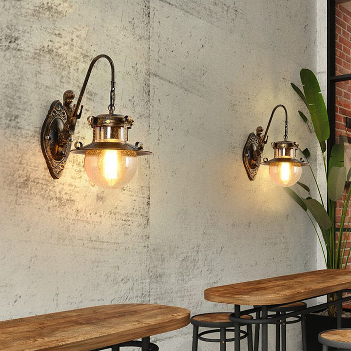 Skørter | Ball Clear Water Glass Wall Light Fixture Classic 1 Head Dining Room Wall Lamp in Brass with Mermaid Arm