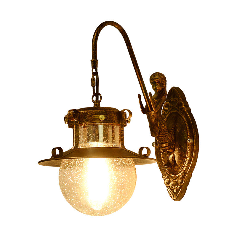 Skørter | Ball Clear Water Glass Wall Light Fixture Classic 1 Head Dining Room Wall Lamp in Brass with Mermaid Arm