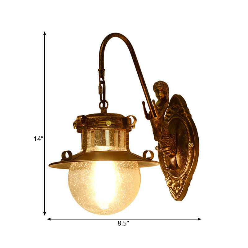 Skørter | Ball Clear Water Glass Wall Light Fixture Classic 1 Head Dining Room Wall Lamp in Brass with Mermaid Arm