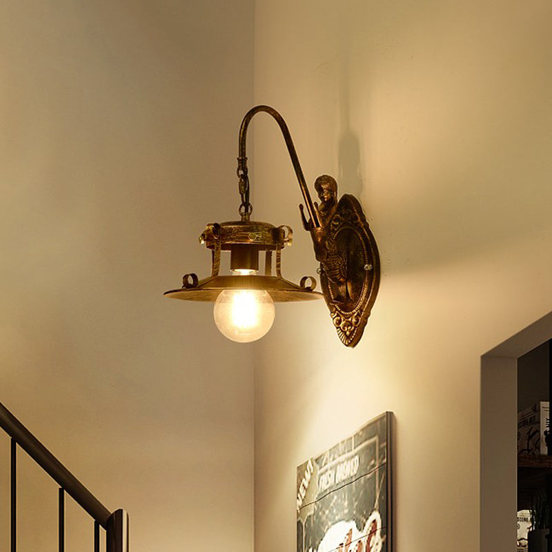 Skørter | 1 Light Wall Lighting Country Stair Wall Lamp with Wide Oval Metal Shade in Brass