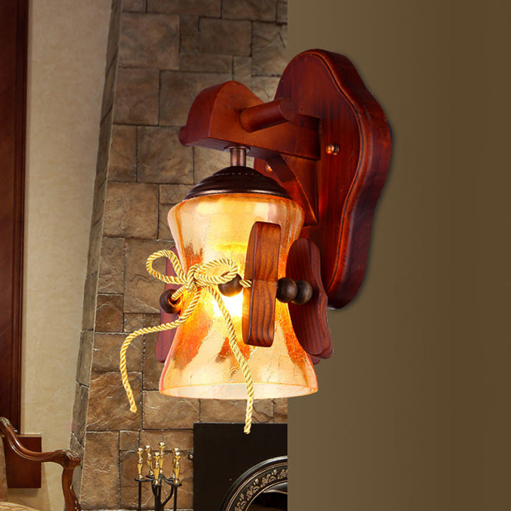 Skørter | Brown 1 Bulb Wall Mount Light Rustic Yellow Water Glass Outlet Wall Lamp with Wood Back Panel