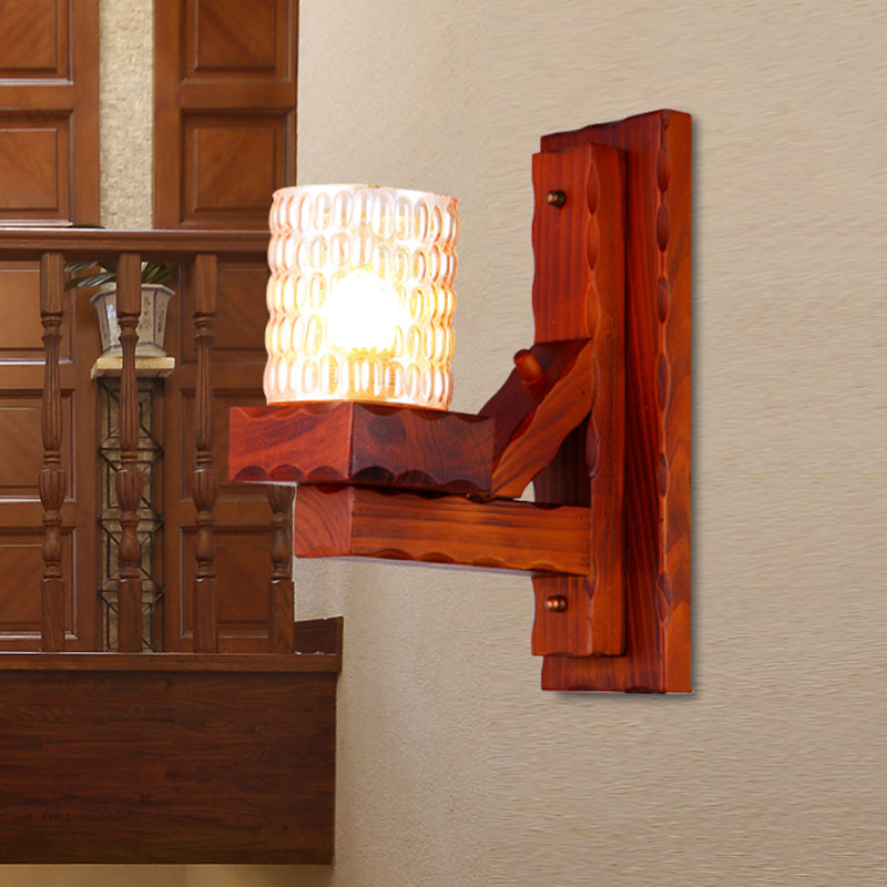 Skørter | Red Brown Cylinder Wall Mount Lamp Traditional Dent Glass 1/2-Light Bedroom Wall Lamp Light Fixture with Wooden Arm