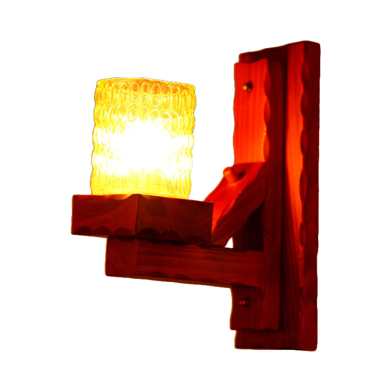 Skørter | Red Brown Cylinder Wall Mount Lamp Traditional Dent Glass 1/2-Light Bedroom Wall Lamp Light Fixture with Wooden Arm