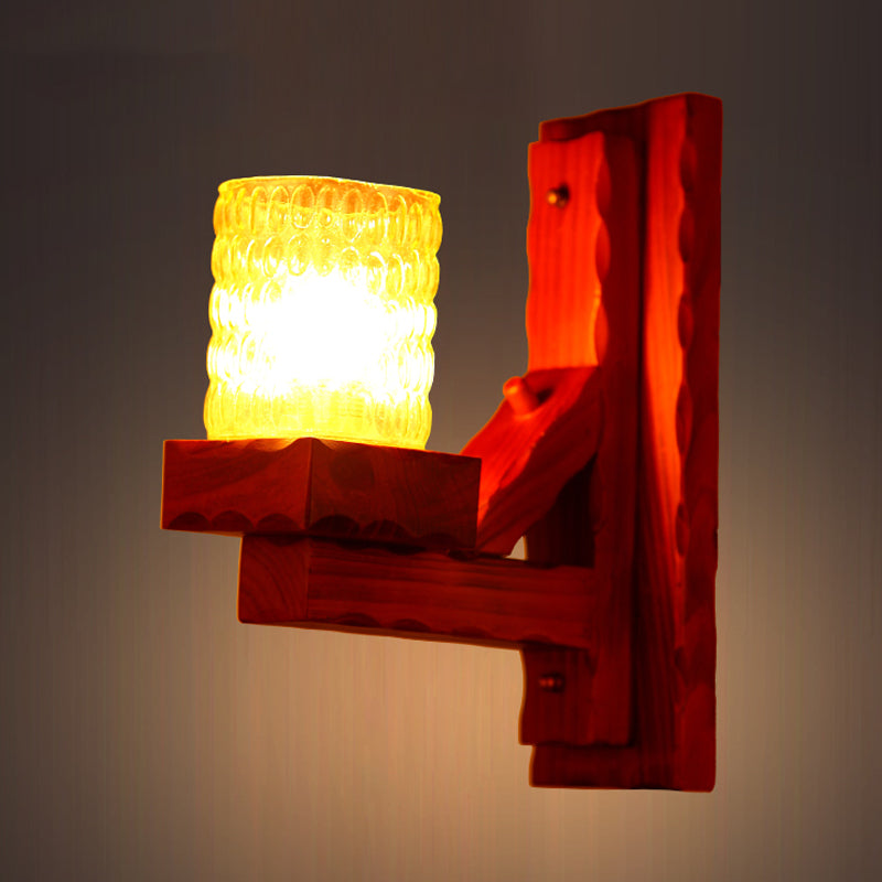 Skørter | Red Brown Cylinder Wall Mount Lamp Traditional Dent Glass 1/2-Light Bedroom Wall Lamp Light Fixture with Wooden Arm