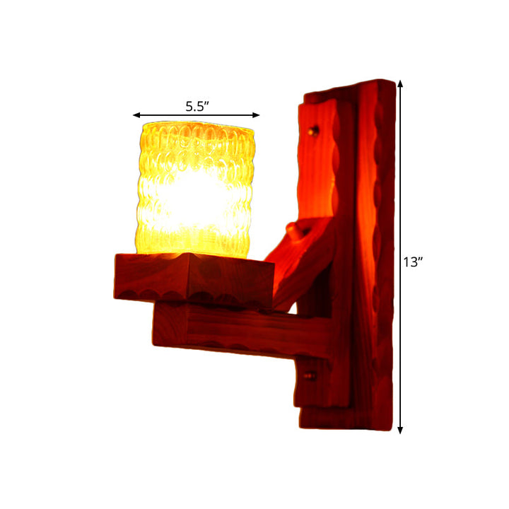 Skørter | Red Brown Cylinder Wall Mount Lamp Traditional Dent Glass 1/2-Light Bedroom Wall Lamp Light Fixture with Wooden Arm