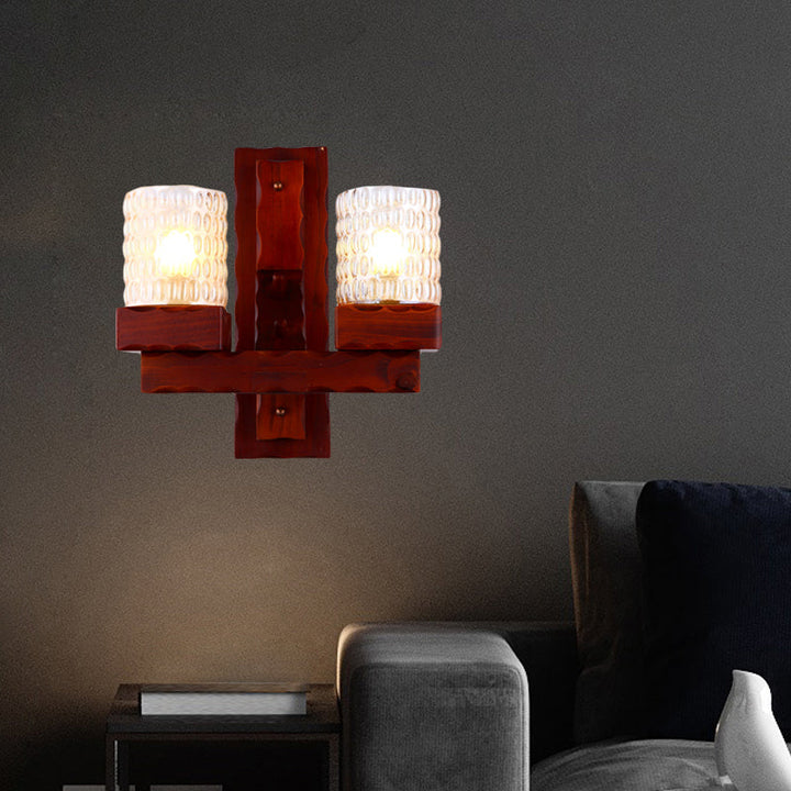 Skørter | Red Brown Cylinder Wall Mount Lamp Traditional Dent Glass 1/2-Light Bedroom Wall Lamp Light Fixture with Wooden Arm