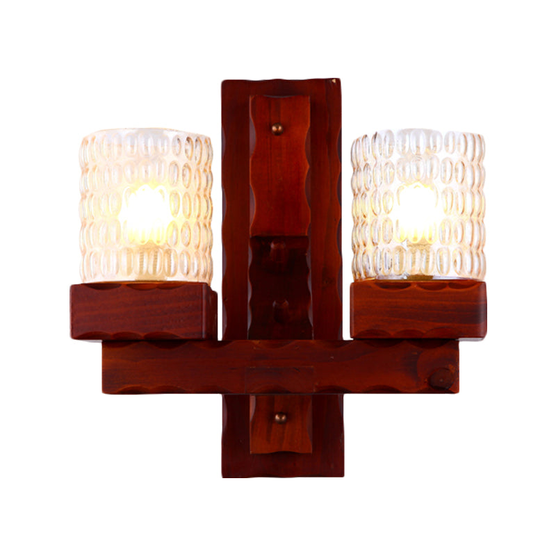 Skørter | Red Brown Cylinder Wall Mount Lamp Traditional Dent Glass 1/2-Light Bedroom Wall Lamp Light Fixture with Wooden Arm