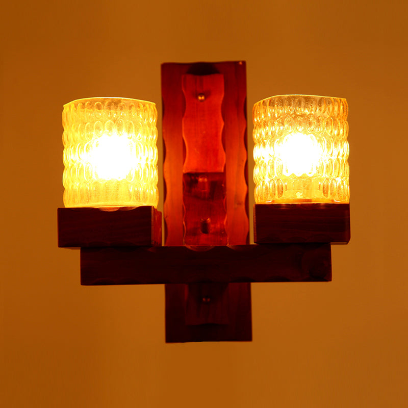 Skørter | Red Brown Cylinder Wall Mount Lamp Traditional Dent Glass 1/2-Light Bedroom Wall Lamp Light Fixture with Wooden Arm