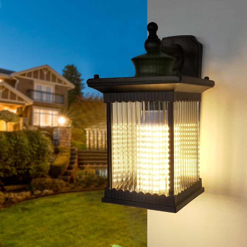 Skørter | Metal Black Wall Lamp Cuboid 1 Light Country Mounted Wall Light with Clear Ribbed Glass Shade