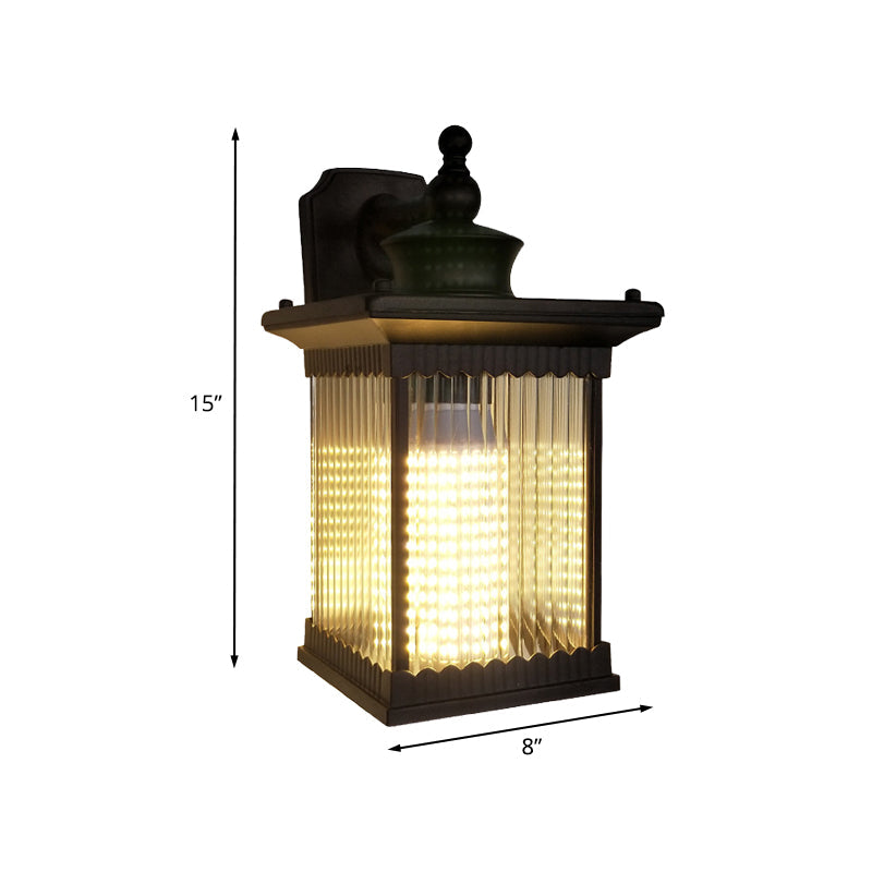 Skørter | Metal Black Wall Lamp Cuboid 1 Light Country Mounted Wall Light with Clear Ribbed Glass Shade