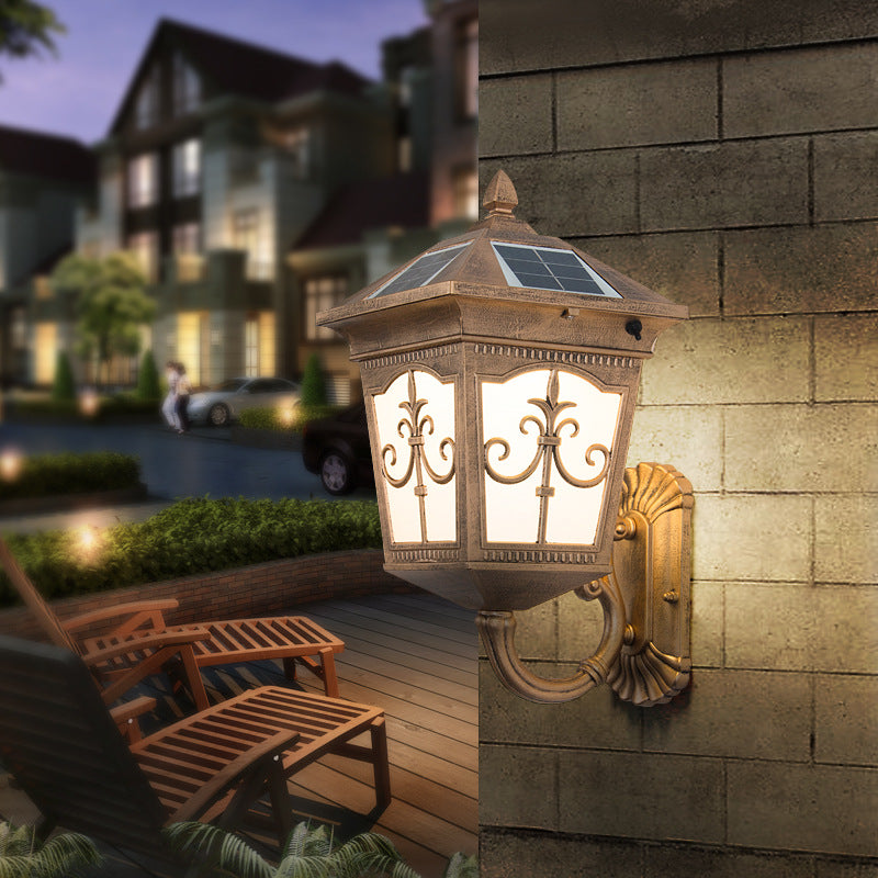 Skørter | Aluminium Quartet Religion Wall Lamp Rustic 1-Light Courtyard Sconces Lighting in Brass with Solar Panel