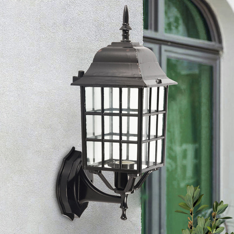 Skørter | Grid Aluminium Wall Lamp Lodges 1 Bulb Courtyard Wall Lighting with Clear Glass Shade in Black