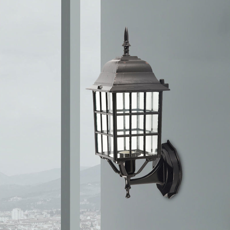 Skørter | Grid Aluminium Wall Lamp Lodges 1 Bulb Courtyard Wall Lighting with Clear Glass Shade in Black