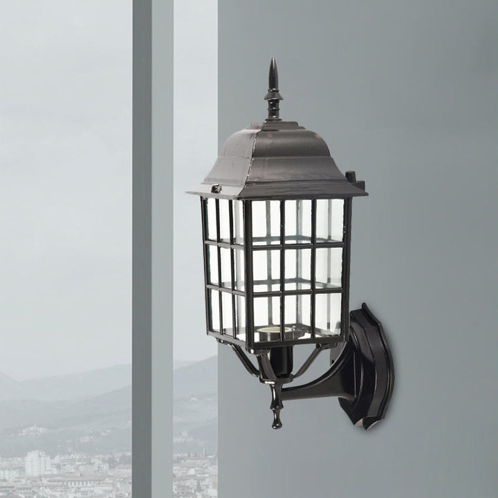 Skørter | Grid Aluminium Wall Lamp Lodges 1 Bulb Courtyard Wall Lighting with Clear Glass Shade in Black