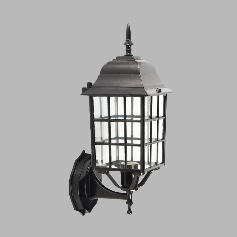 Skørter | Grid Aluminium Wall Lamp Lodges 1 Bulb Courtyard Wall Lighting with Clear Glass Shade in Black