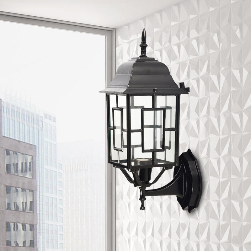 Skørter | Metallic Pavilion Wall Light Rustic 1 Head Garden Wall Lighting Ideas in Black with Clear Glass Lamp Shade