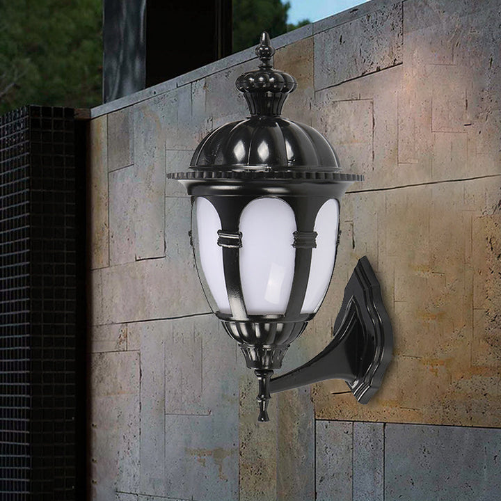 Skørter | 1 Headlight Wall Lighting Ideas Countryside Courtyard Wall Lamp with Urn White Plastic Shade in Black