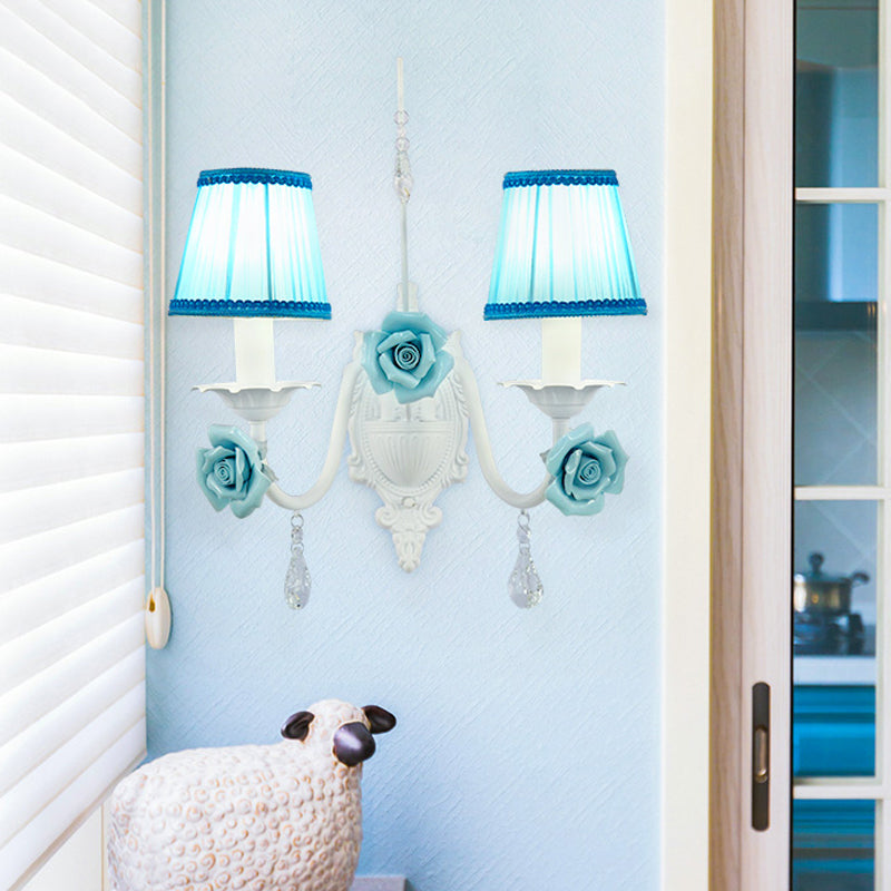 Skørter | White 1/2-head Wall Lamp Romantic Pastoral Fabric Cone Wall Lighting with Clear Crystal Drapery