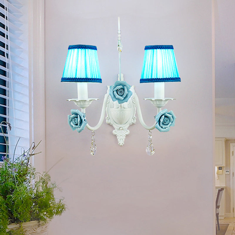 Skørter | White 1/2-head Wall Lamp Romantic Pastoral Fabric Cone Wall Lighting with Clear Crystal Drapery
