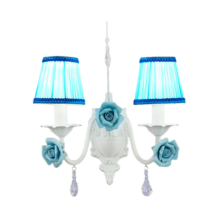 Skørter | White 1/2-head Wall Lamp Romantic Pastoral Fabric Cone Wall Lighting with Clear Crystal Drapery